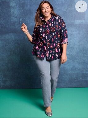 Talbots Navy Button-Down Shirt with Pink & Orange Print 2X